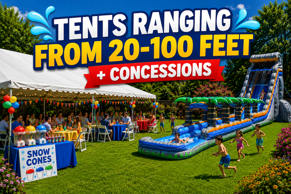 party tents ranging from 20-100 feet long + concession